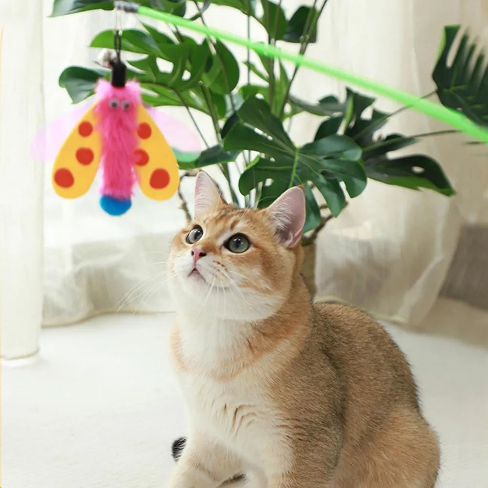 Blue, yellow, and pink cat wand toy with dragonfly bell teaser on a 49cm stick.