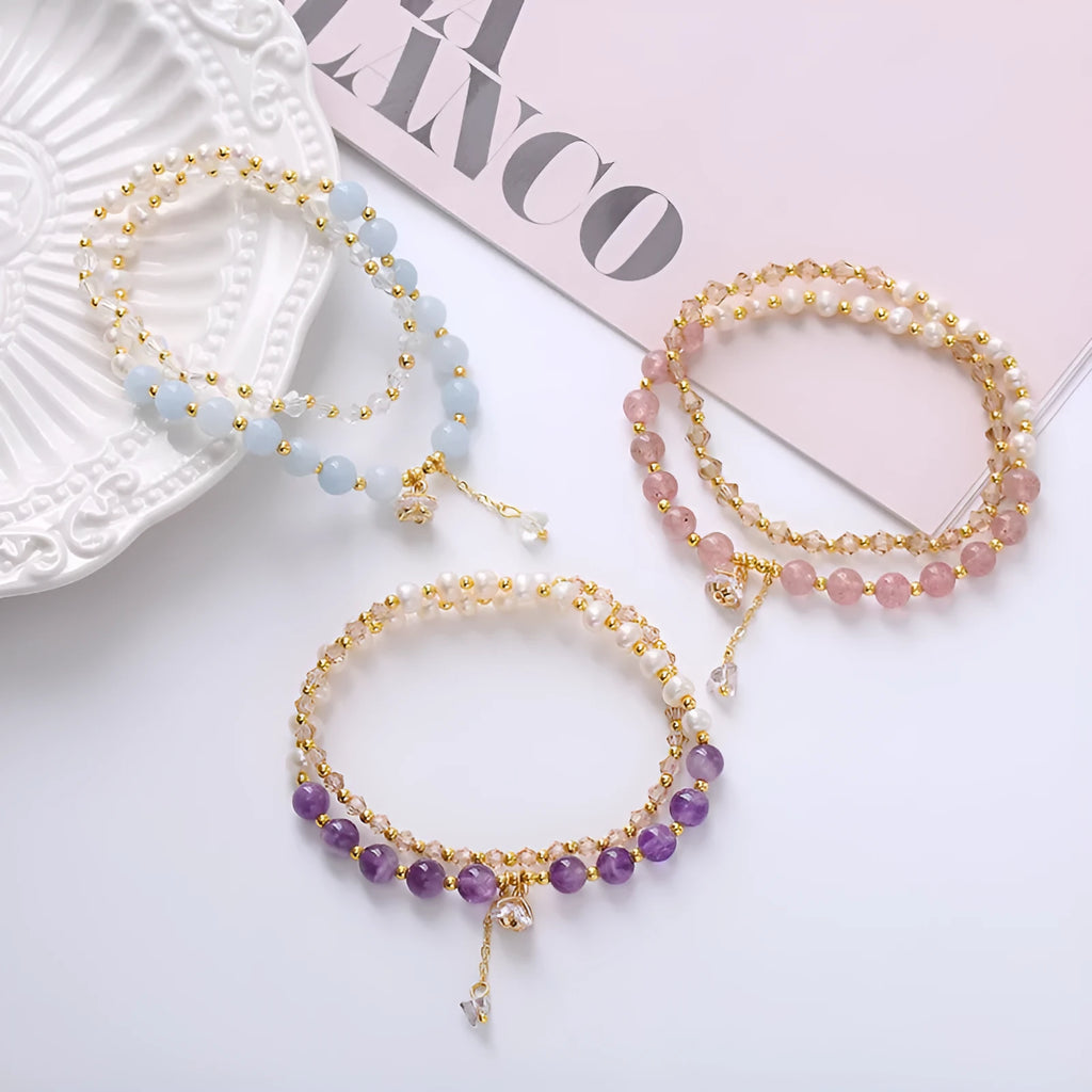 Natural freshwater pearl double-ring bracelet with crystal stones in strawberry quartz colour