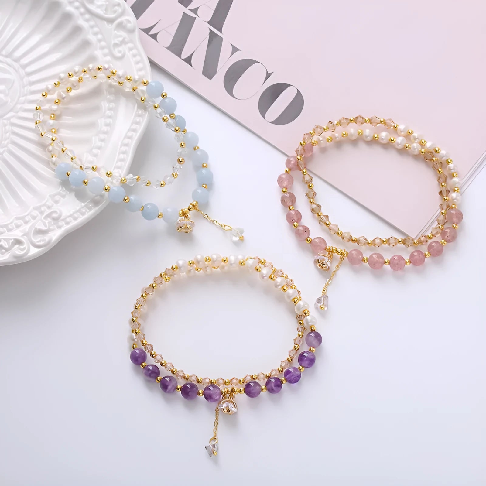 Natural freshwater pearl double-ring bracelet with crystal stones in strawberry quartz colour