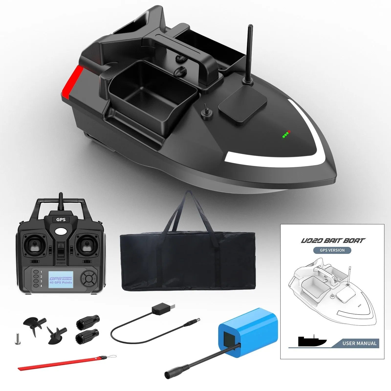 Black GPS remote control fishing boat on water with handheld transmitter, showing LED light.