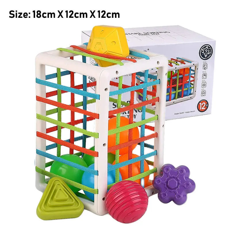 Set of six plastic rainbow shape blocks for toddler fine motor training with elastic rope