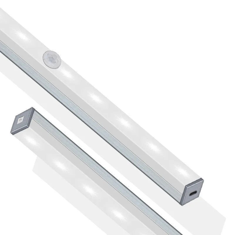 Silver aluminium LED closet light with motion sensor and magnetic back, shown illuminating a wardrobe.