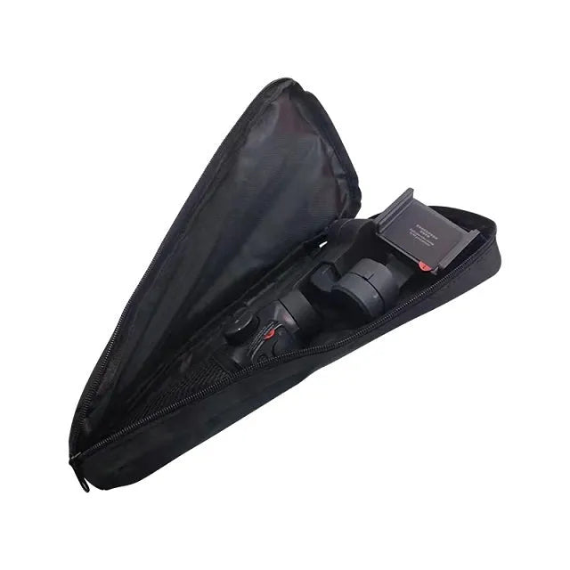 Black cloth zippered storage bag for a mobile phone stabilizer and camera accessories.