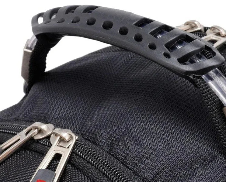 Black 38-litre business laptop backpack open to show multiple organisational compartments.