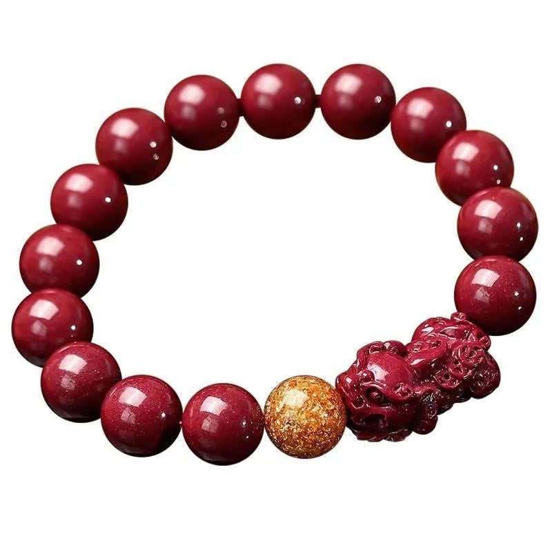 Polished cinnabar bracelet with purple gold sandstone beads and totem design in three size options