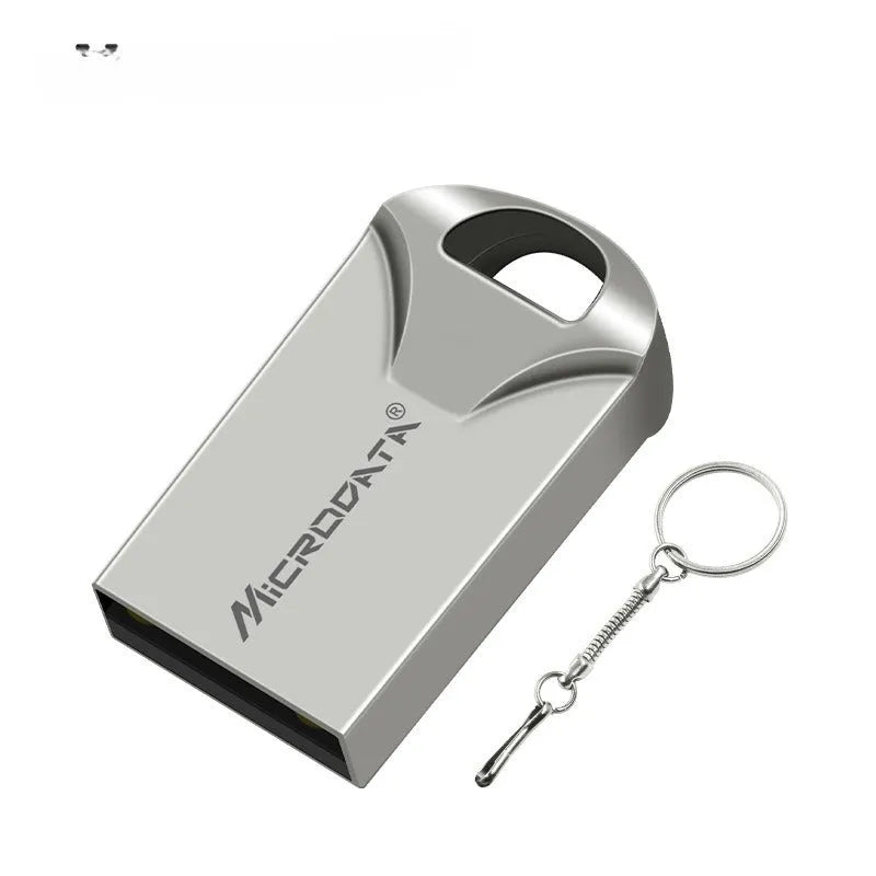 Small metal car-shaped USB drive on a necklace chain, showing USB connector.