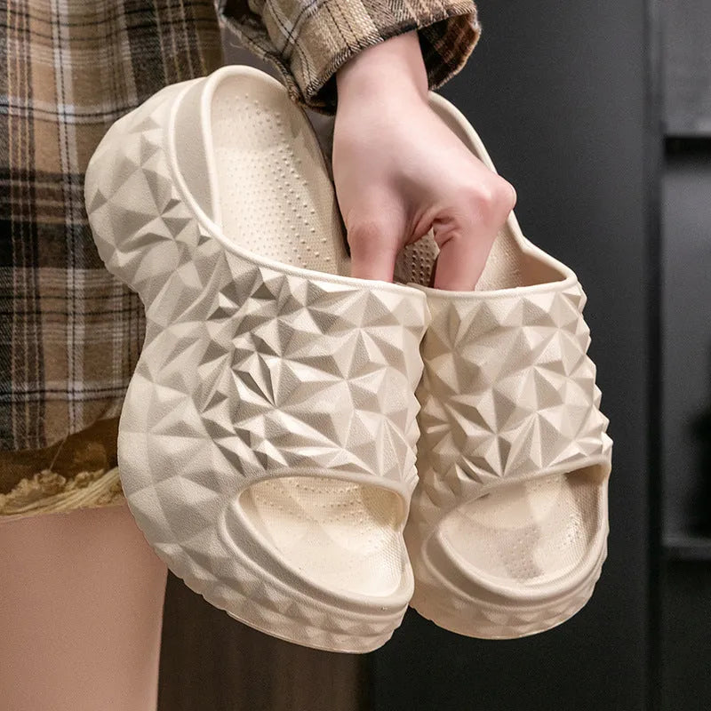 High heel Eva slippers with thick sole in khaki, black or white colours, showing flip-flop style design