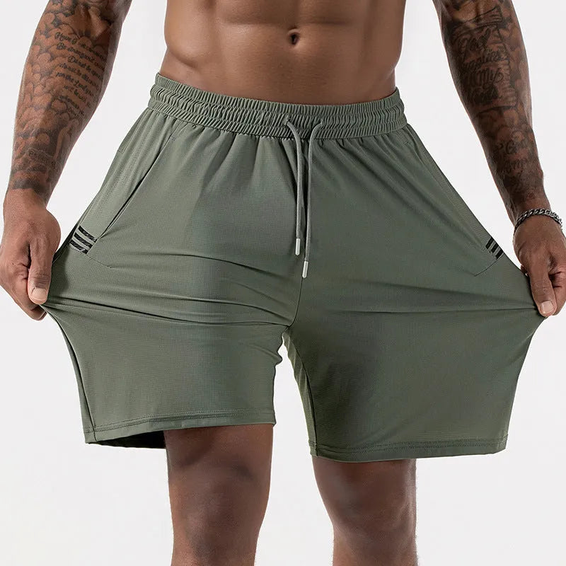Men's black ice silk sports shorts with a drawstring high waist, shown on a manikin.