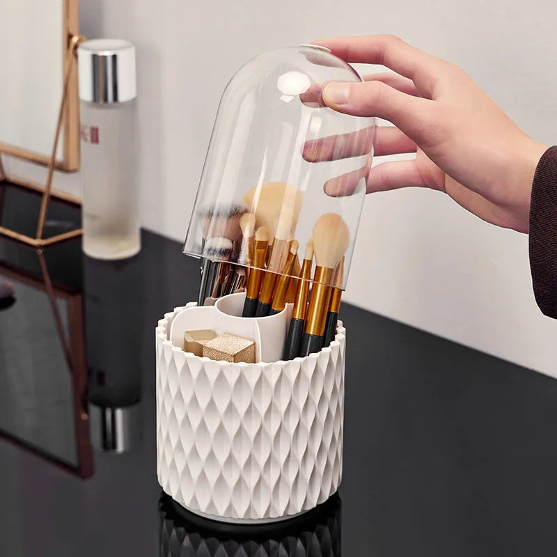 Transparent acrylic makeup brush storage box with rotating base and white brush tubes