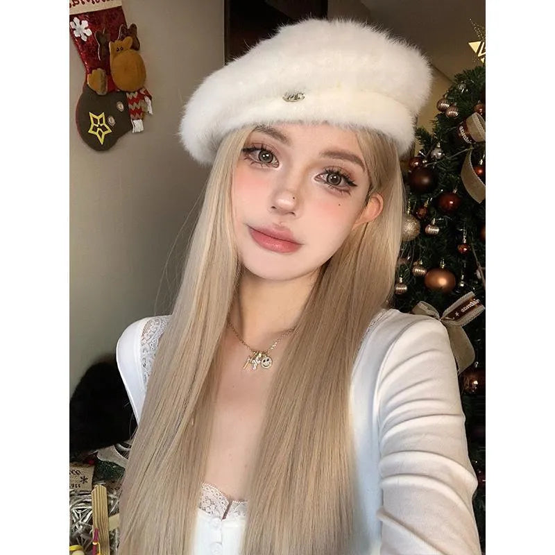 Women's long straight milk tea blonde wig on a stand with hair net.