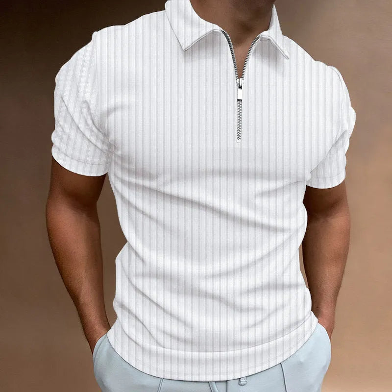 Men's striped zipper short sleeve t-shirt in cotton blend, tight fit, available in multiple colours, summer leisure wear