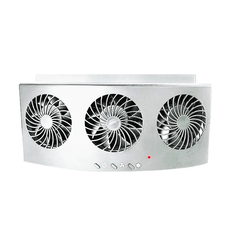 Black and white car ventilation fan with USB cable for vehicle heat and odour management