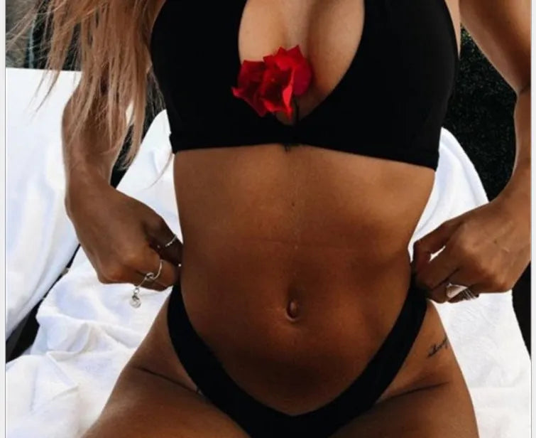 Cow milk silk solid colour bikini set for women with chest pad in black