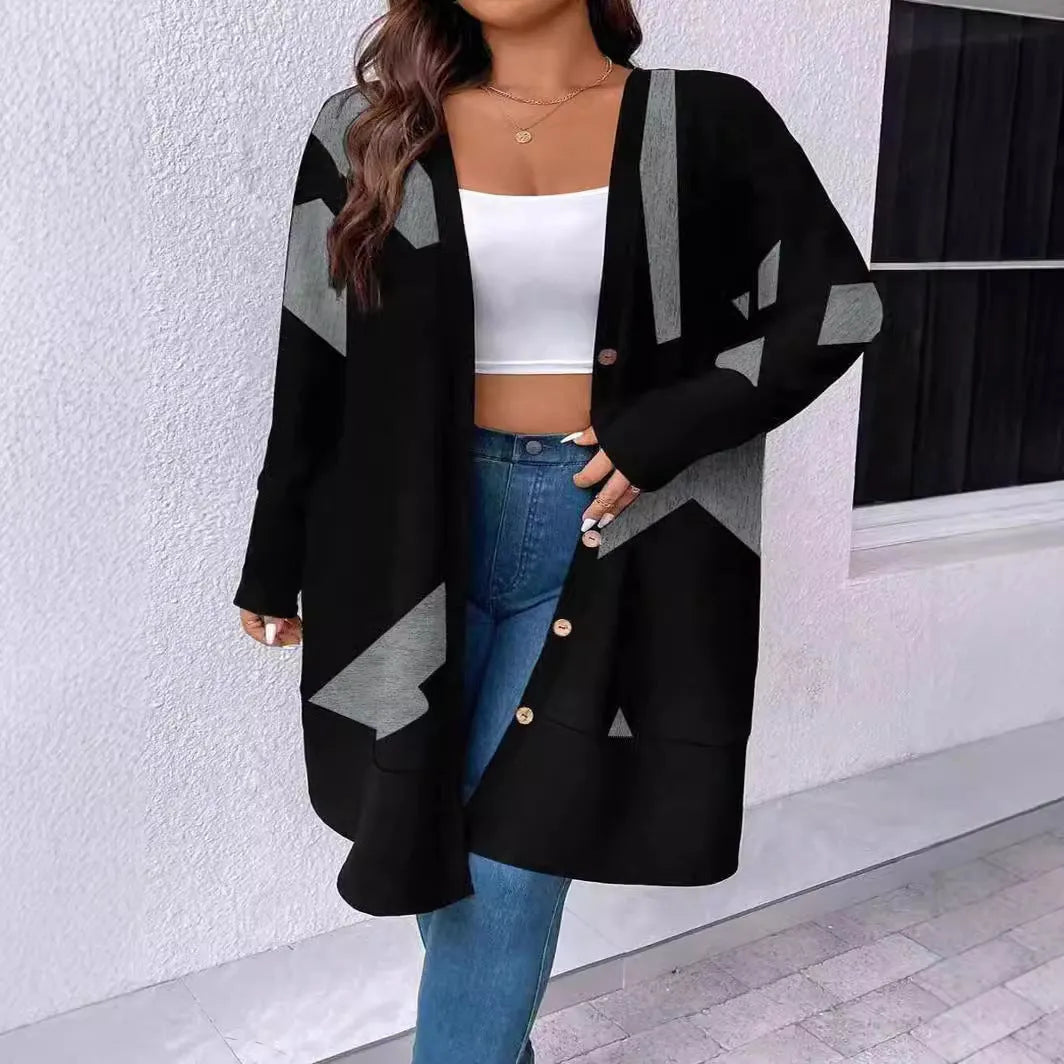 Black loose casual plus size cardigan coat with button stitching in Japanese Korean style
