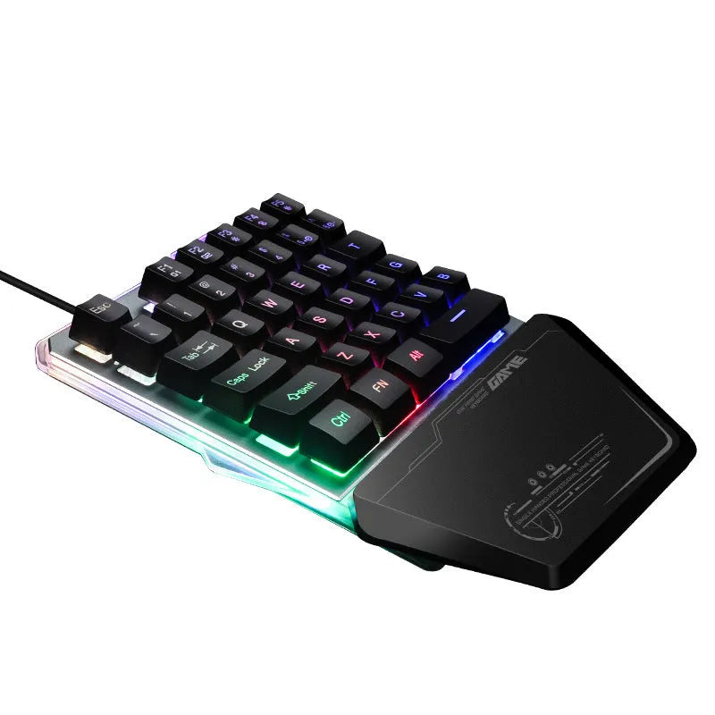 G40 black one-handed mechanical gaming keyboard with RGB backlit keys and a USB cable.