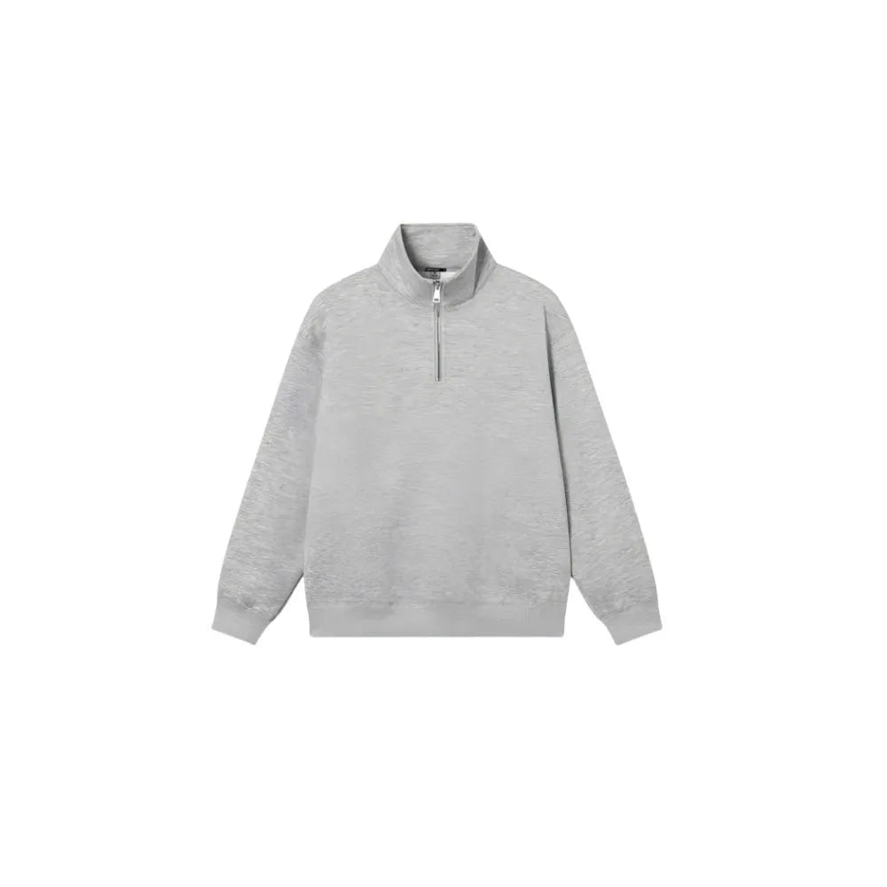 Grey half-zipped cotton sweater with stand collar and long sleeves