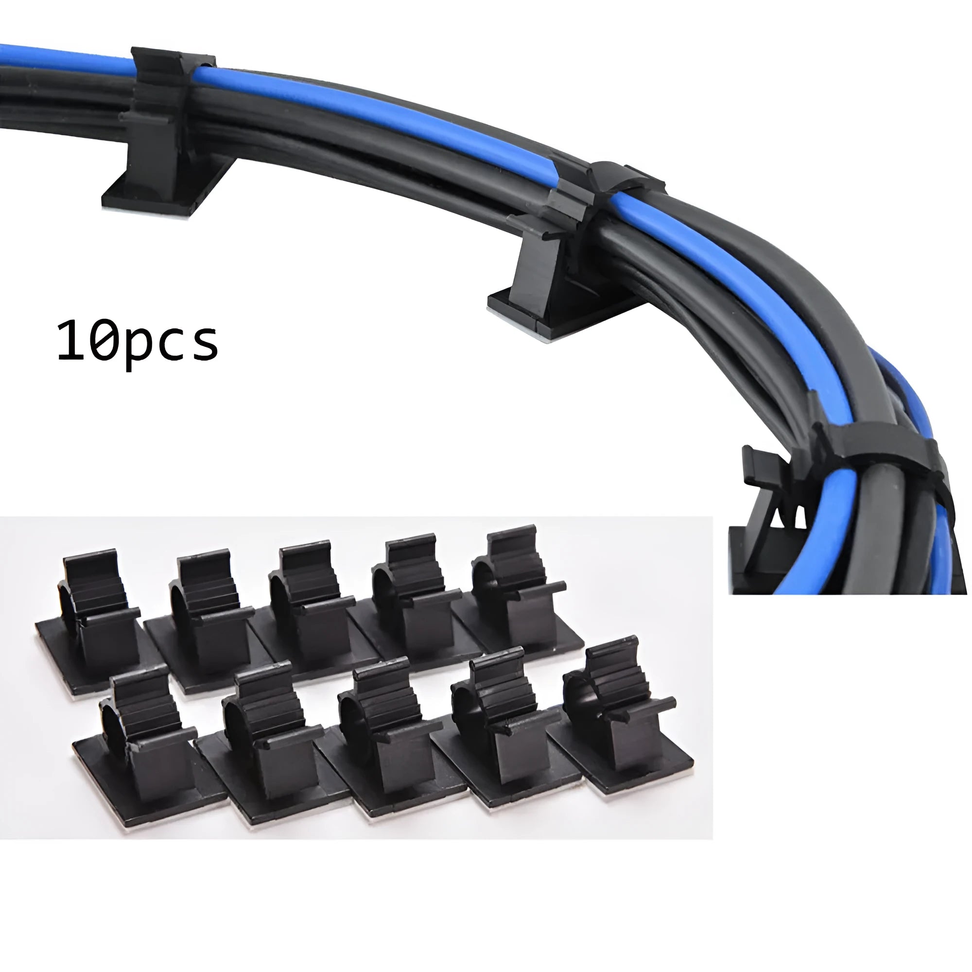 Ten black nylon adhesive cable clamps for wire management, showing two-stage lock design.