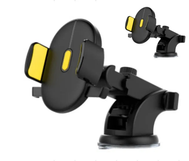 Black telescopic car phone holder with suction cup mount extended on a car dashboard.
