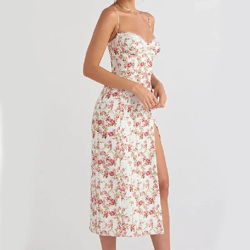 Womans blue lace floral print long dress with side slits and black suspender straps