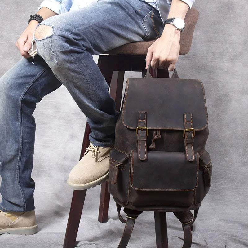 Brown retro crazy horse leather backpack with denim lining and double shoulder straps