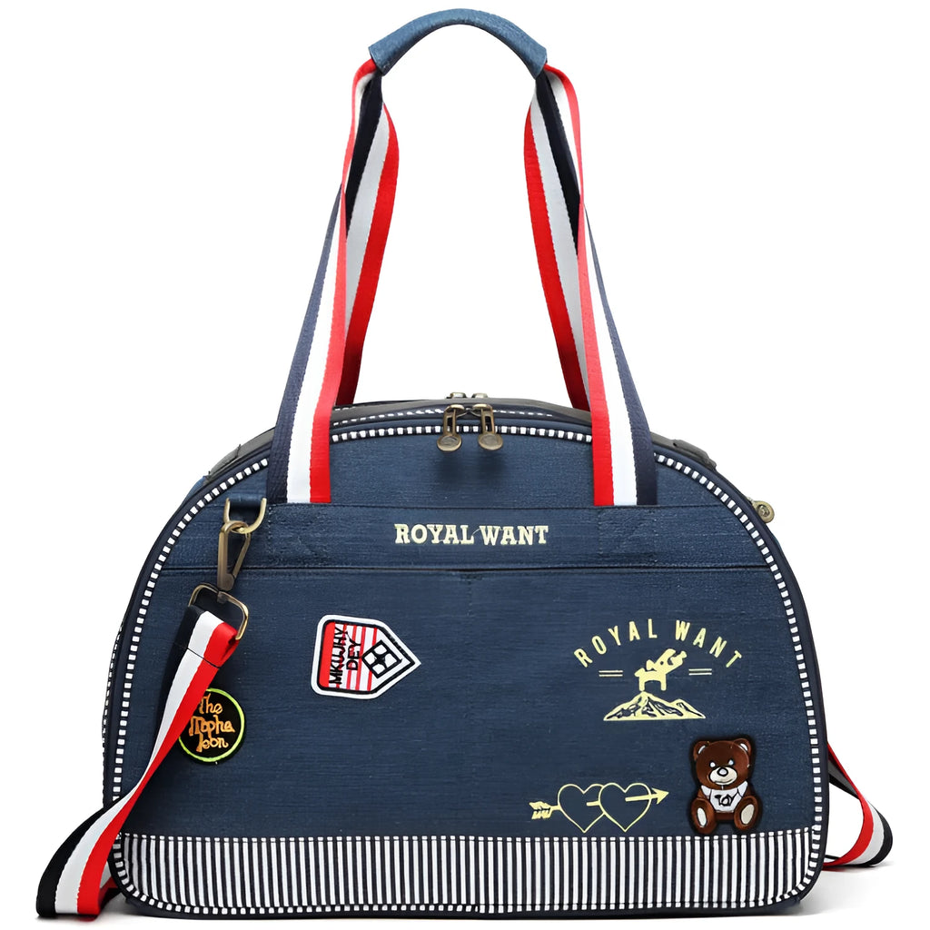 Blue denim pet diaper bag with cartoon print, dimensions 43x20x30cm.