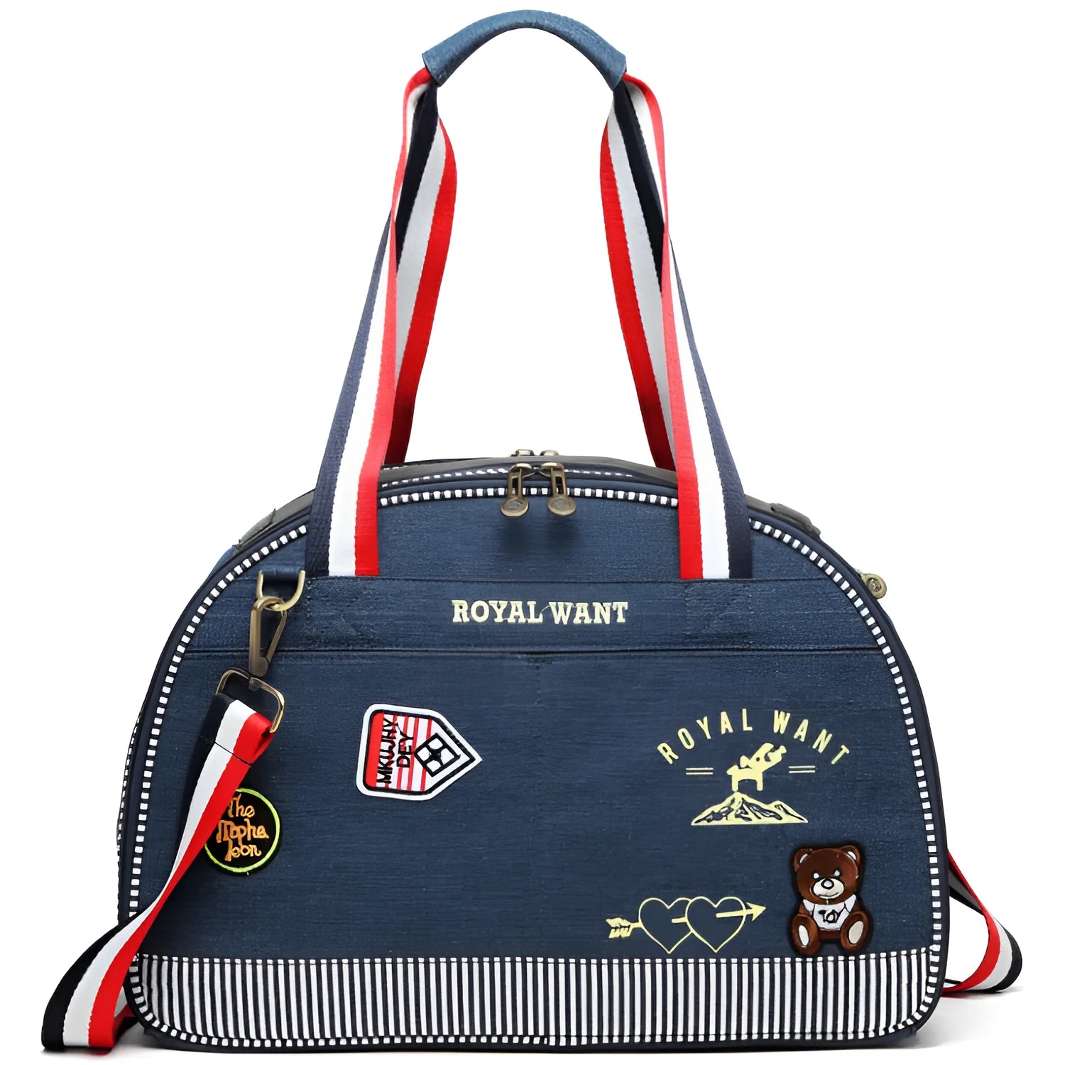 Blue denim pet diaper bag with cartoon print, dimensions 43x20x30cm.