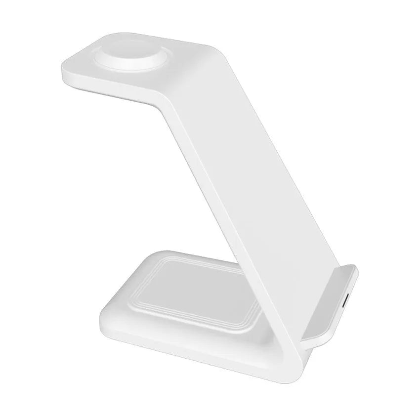 White 3-in-1 upright mobile phone holder and wireless charger with USB port on a desk.