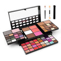 Four-layer 74 colour makeup palette with eyeshadow, lip gloss, and brushes in a plastic case.