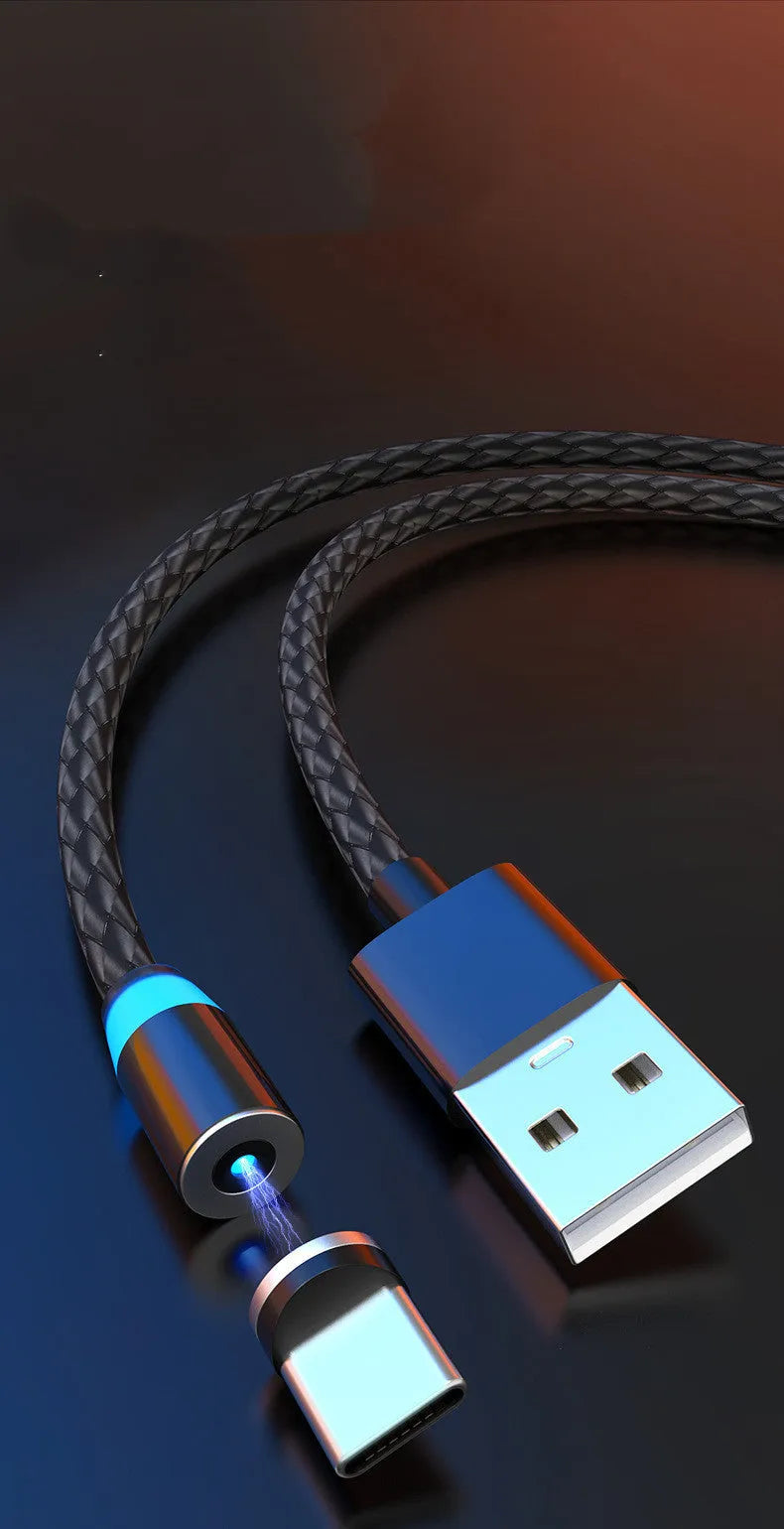Magnetic smartphone charging cable with LED breathing light, showing black and gold colour options.