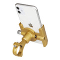 Black aluminium bicycle phone holder mounted on a handlebar, showing phone width compatibility from 55mm to 100mm.