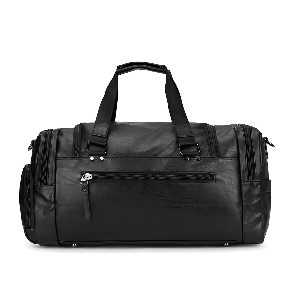 Black large capacity PU travel shoe bag with zip and removable ventilated lining.