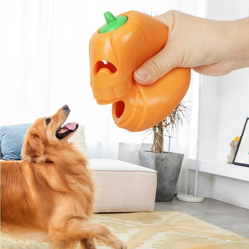 Yellow pumpkin shaped dog chew toy for aggressive chewers made from TPR material