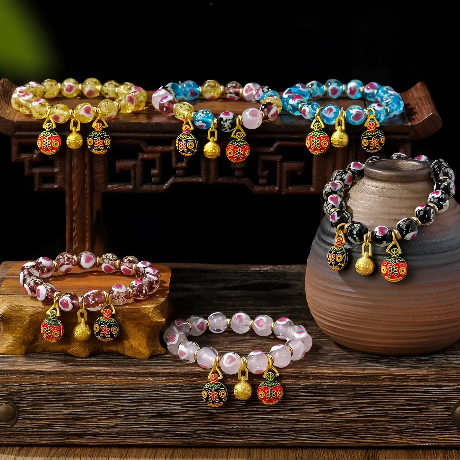 Handmade fluorescent glaze bracelet with swallowing gold beast motif on heart-shaped 10mm beads