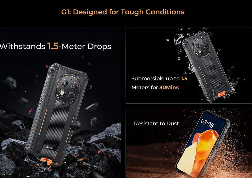 OUKITEL G1 mobile phone in grey, green, or orange colour with included charger.