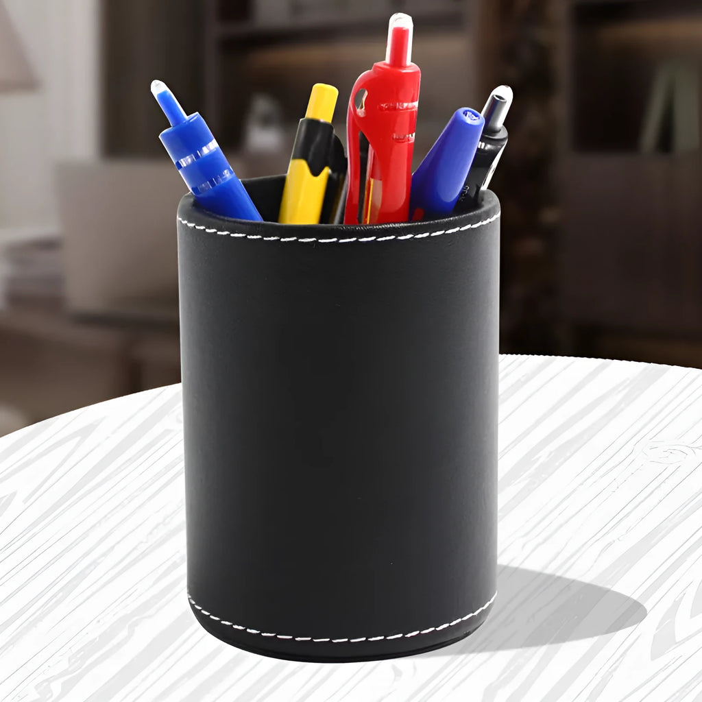 Round black leather pen holder with 8cm diameter and 10.8cm height cylindrical design