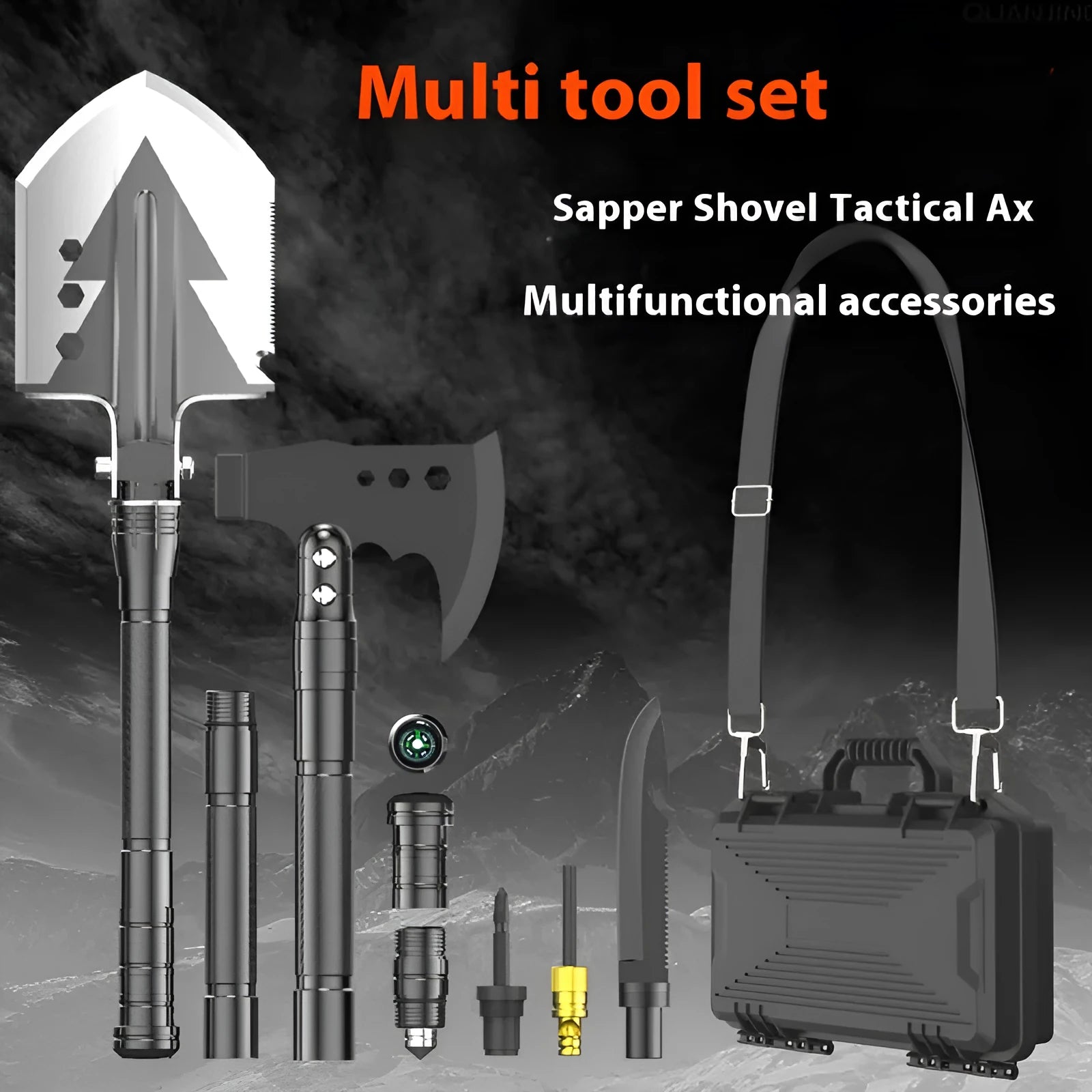 Black multi-functional military shovel set with axe and knife, packed in a hard carry case.