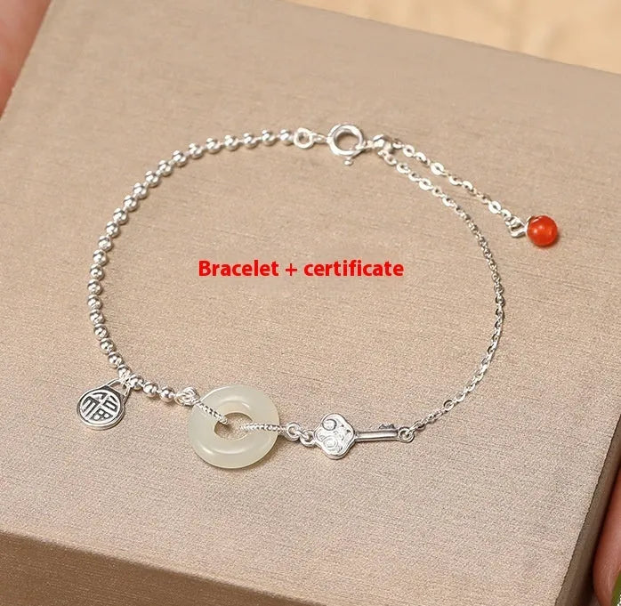 Hetian jade and 925 silver women's bracelet with geometric Chinese design and blessing card motif