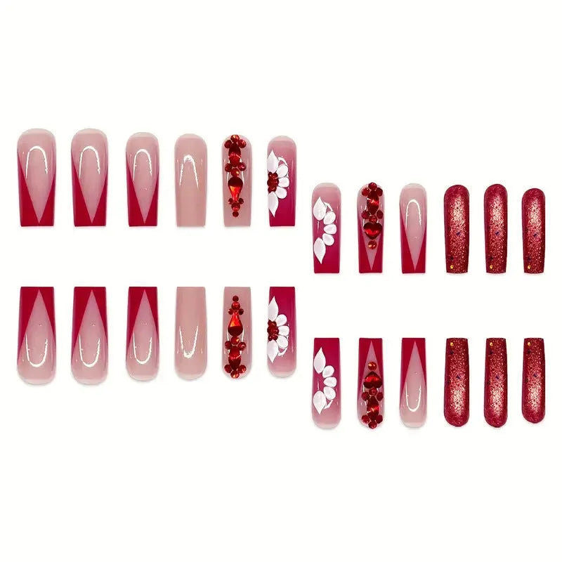 Sweet Flowers Temperament patterned press-on false nails with red diamond accents in a long square shape.