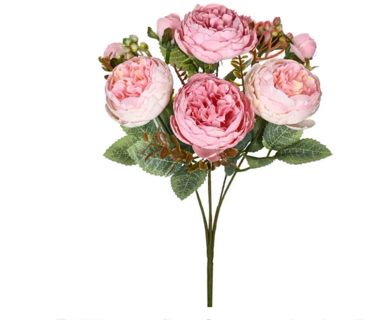 A silk artificial peony flower bouquet in a champagne colour, suitable for wedding or home decoration.