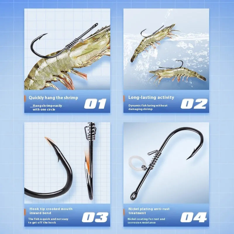 Spring rubber band sea fishing lure with barbed hook holding live shrimp for outdoor fishing