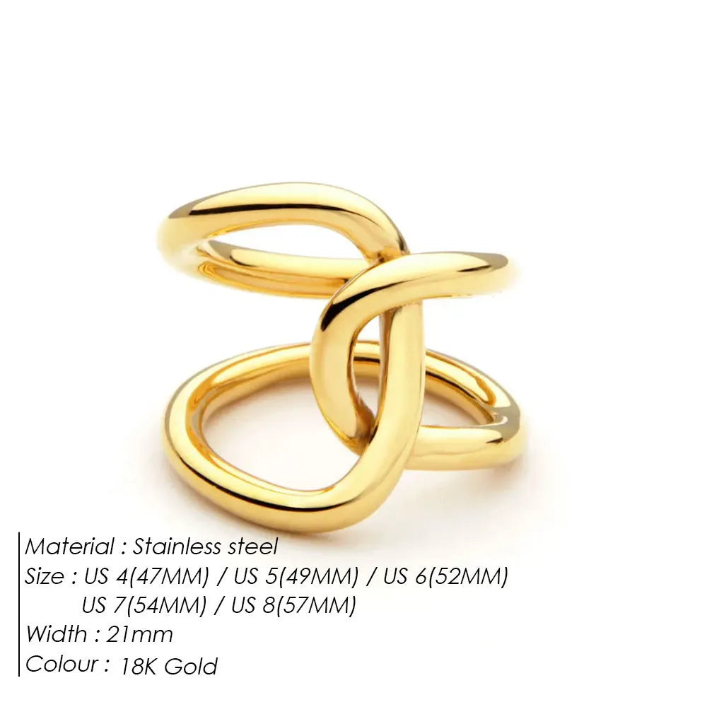 Women's stainless steel adjustable knotted ring in gold or steel colour on a U-shape geometric band.