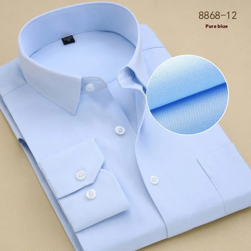 Men's black long-sleeve business slim-fit cotton shirt on a hanger