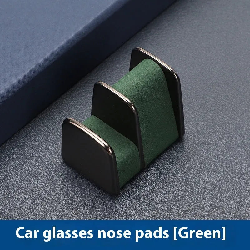 Zinc alloy car dashboard sunglasses holder with leather strap in black, green, grey, or red.