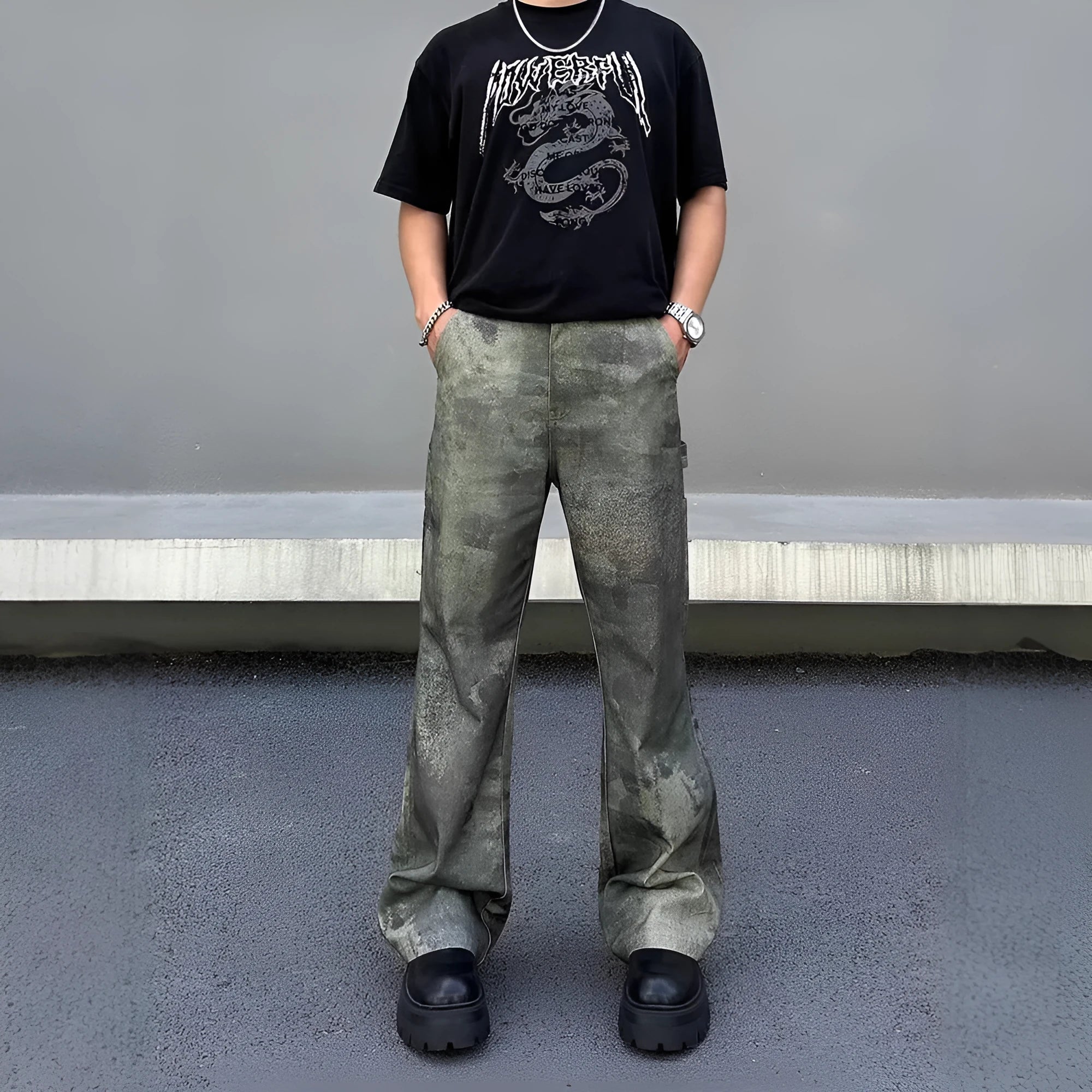 Men's straight-cut camouflage print denim jeans on a white background.