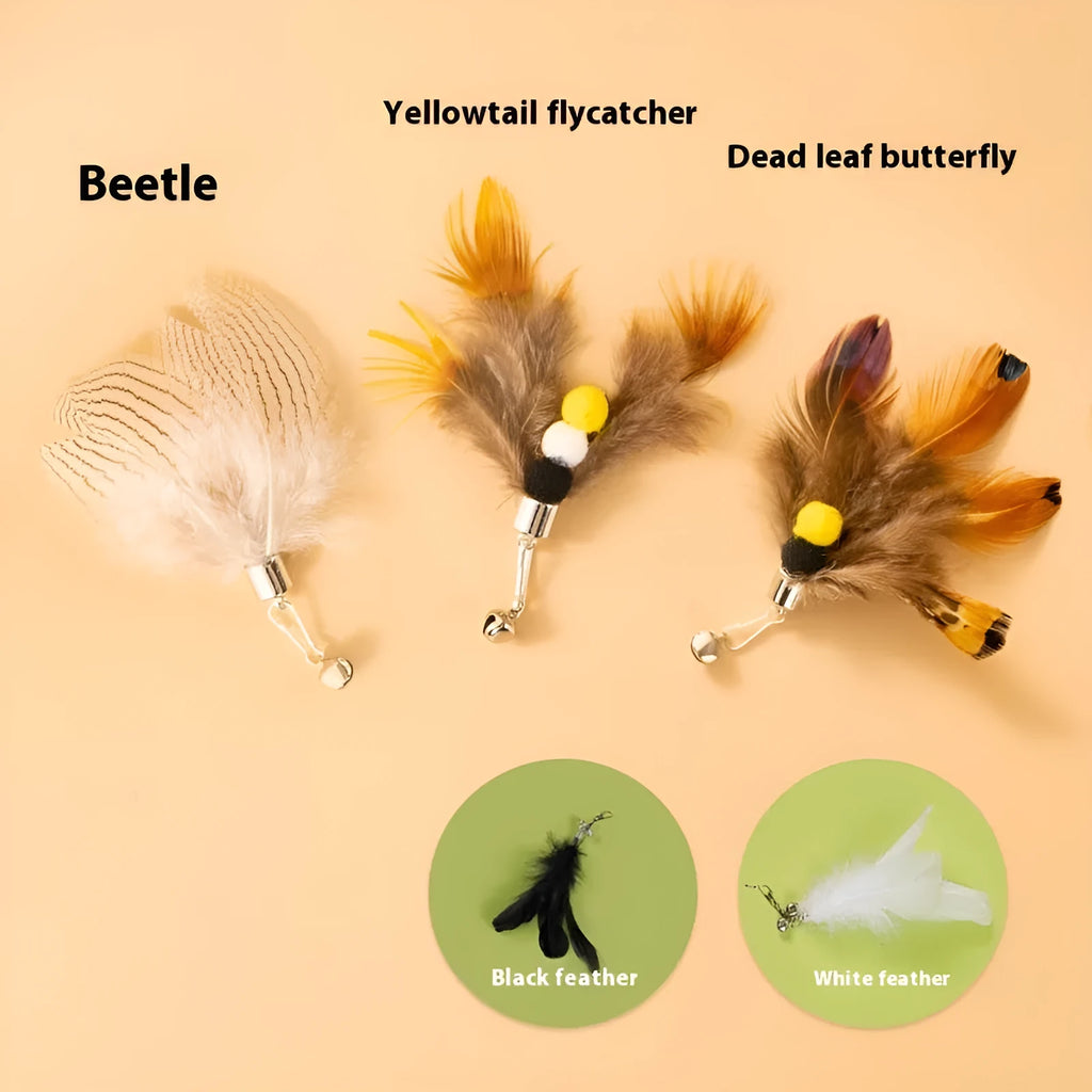 Three small flying insect-shaped cat toy heads on steel wire stems, in assorted colours.