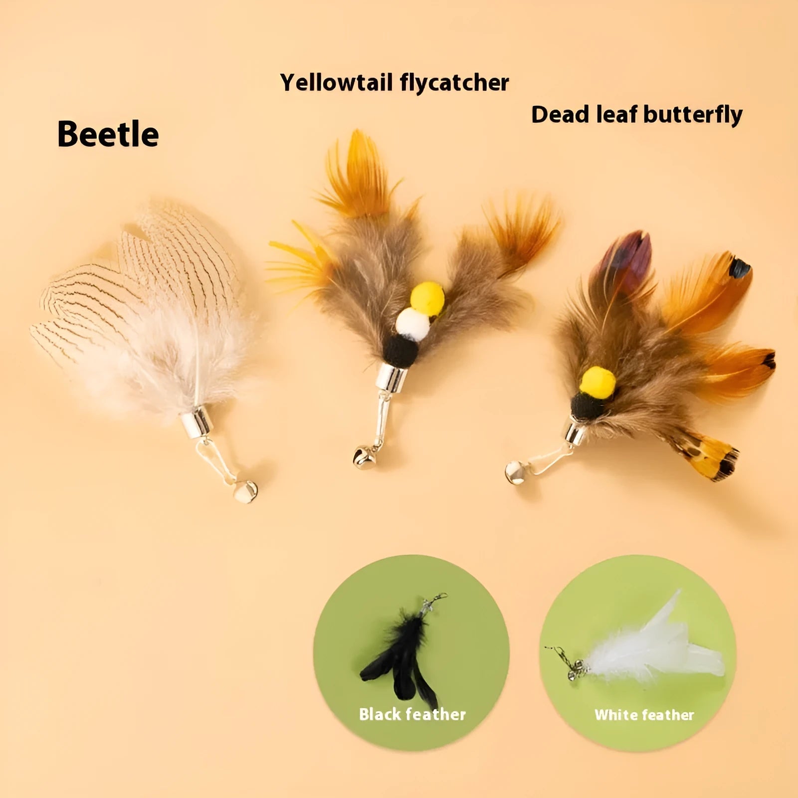 Three small flying insect-shaped cat toy heads on steel wire stems, in assorted colours.