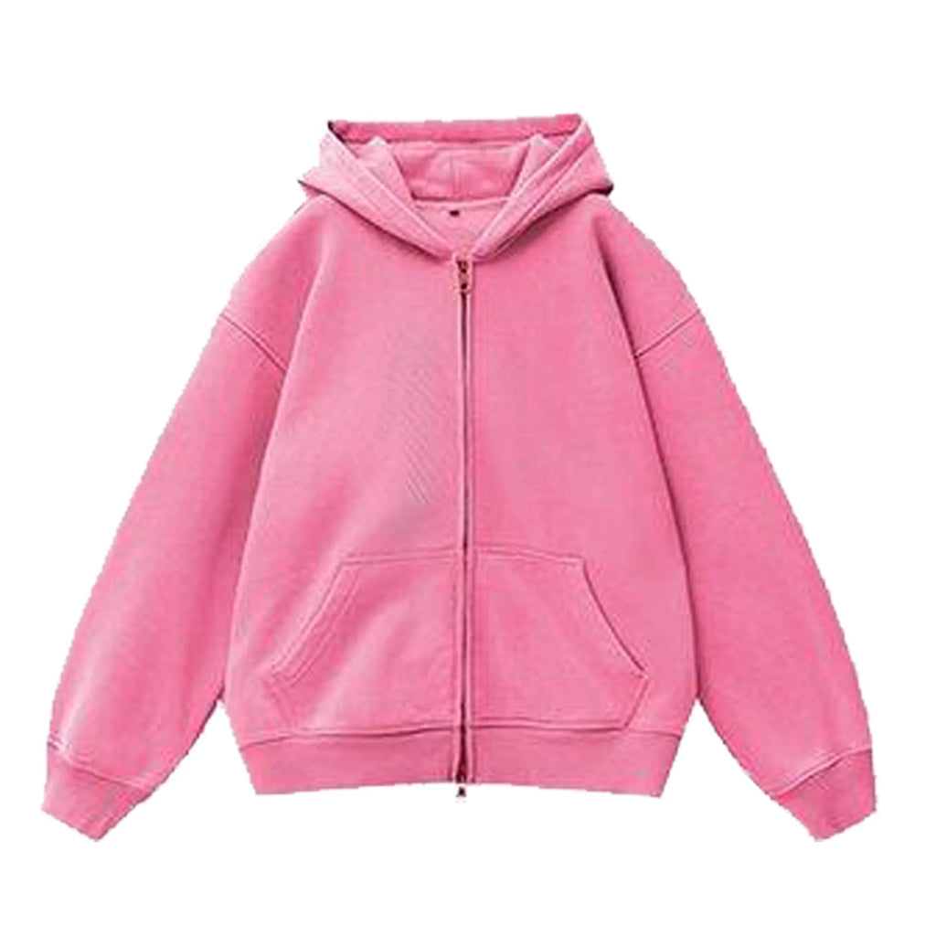 Woman's loose-fit fleece-lined cardigan sweater with a hood in a distressed colour, showing patch pockets and drop-shoulder sleeves.