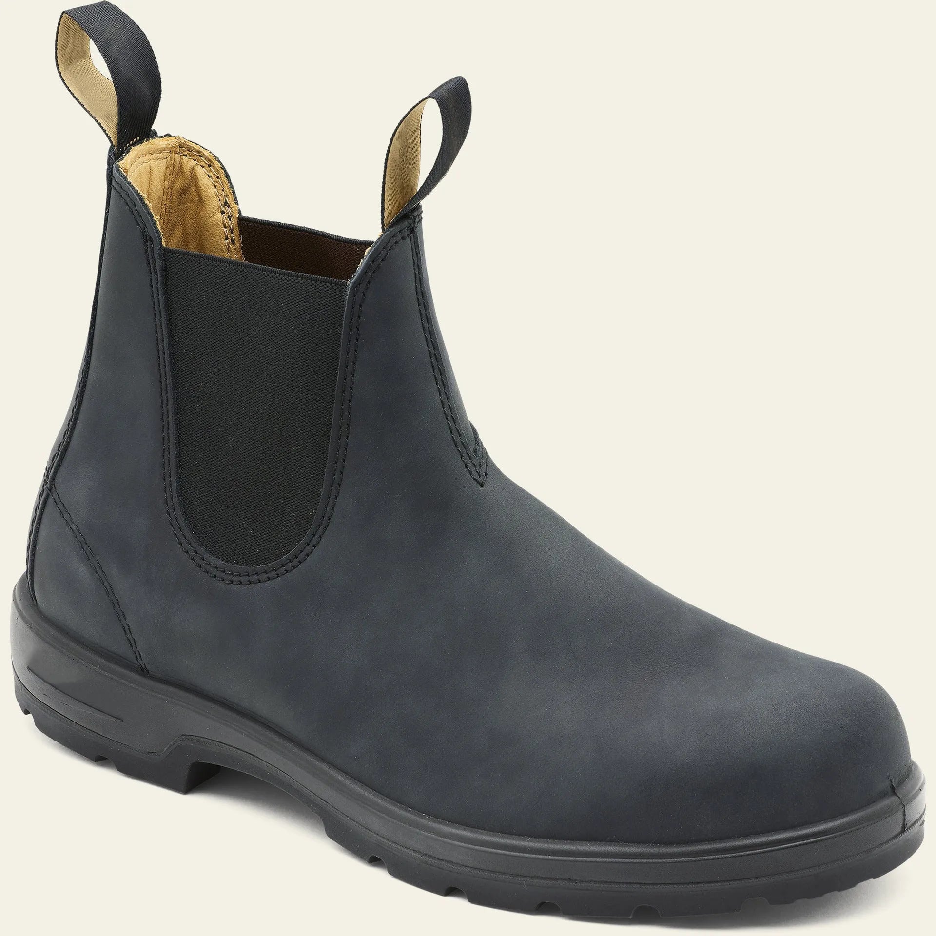 Vintage-style unisex Chelsea boots in artificial PU leather with a beef tendon sole.