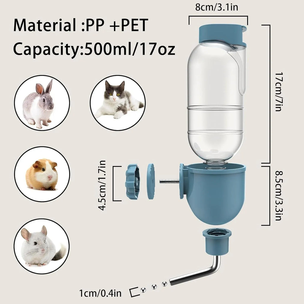 Blue pet water bottle with rotatable nozzle mounted on small animal cage