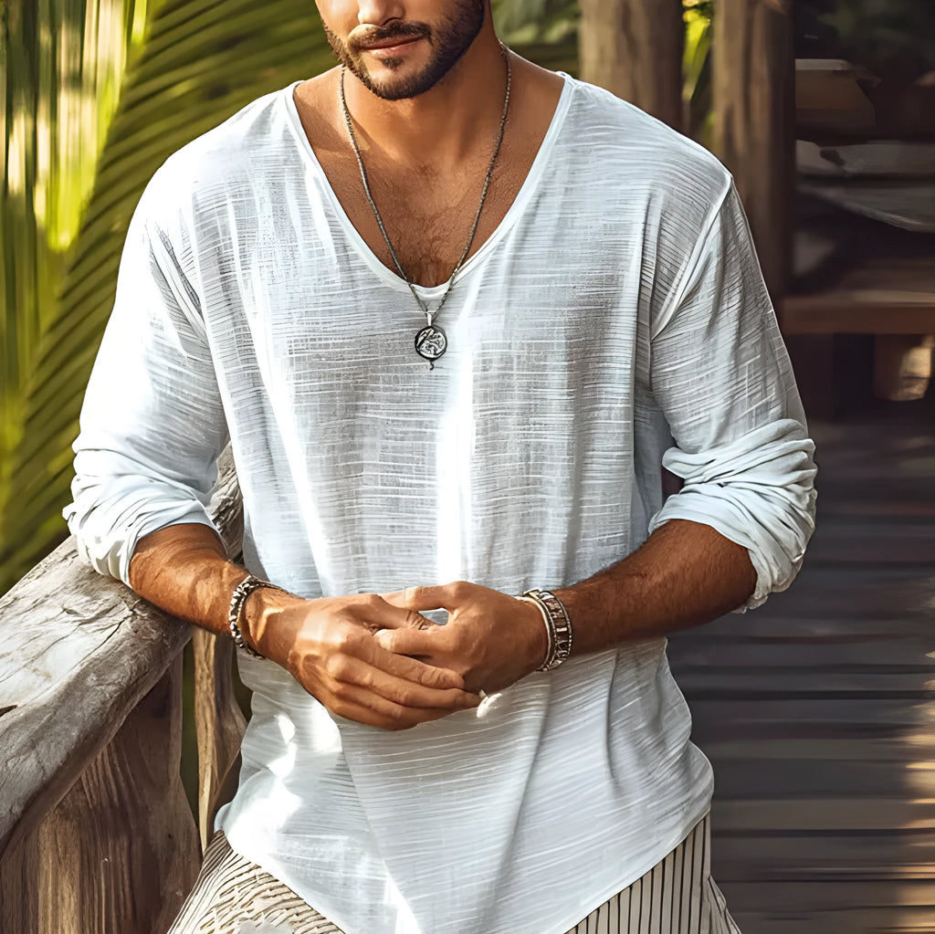 Beige men's slim fit long-sleeved V-neck T-shirt laid flat.